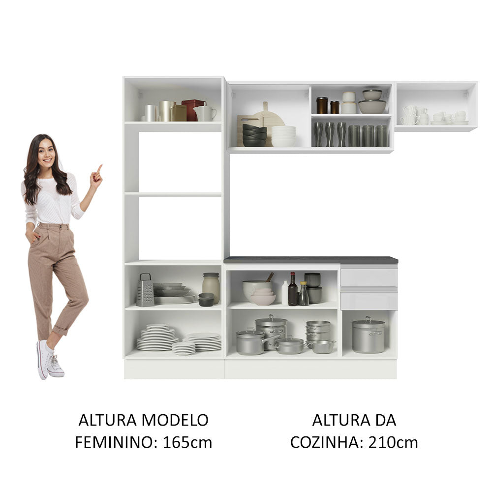 Armário de Cozinha Completa 100% MDF 250cm Frentes Branco Brilho Acordes Madesa 04