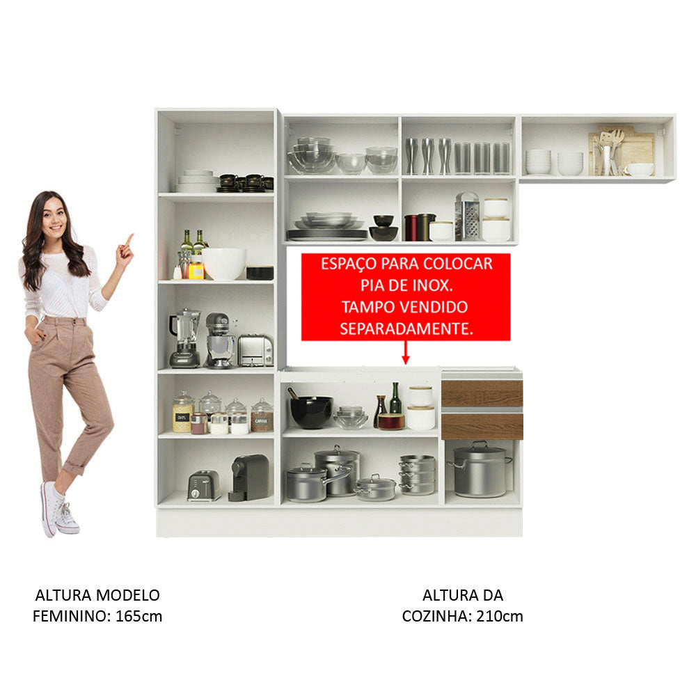 Armário de Cozinha Compacta 100% MDF 260cm Portas Branco/Rustic Acordes Madesa 02