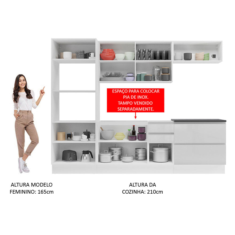 Armário de Cozinha Completa 100% MDF 270cm Frentes Branco Brilho Acordes Madesa 06