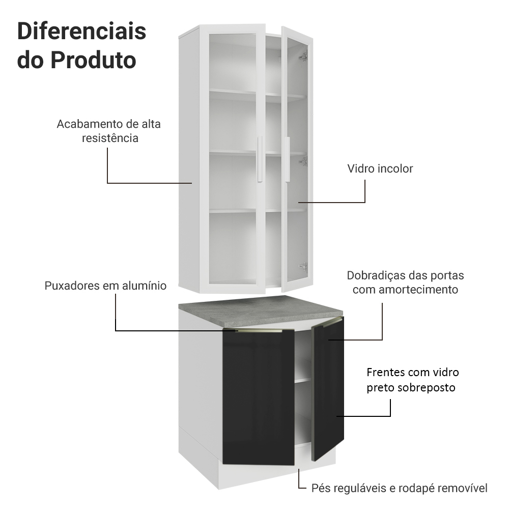 Kit Balcão + Cristaleira 70 x 60 cm Branco/Preto Lux Madesa 01