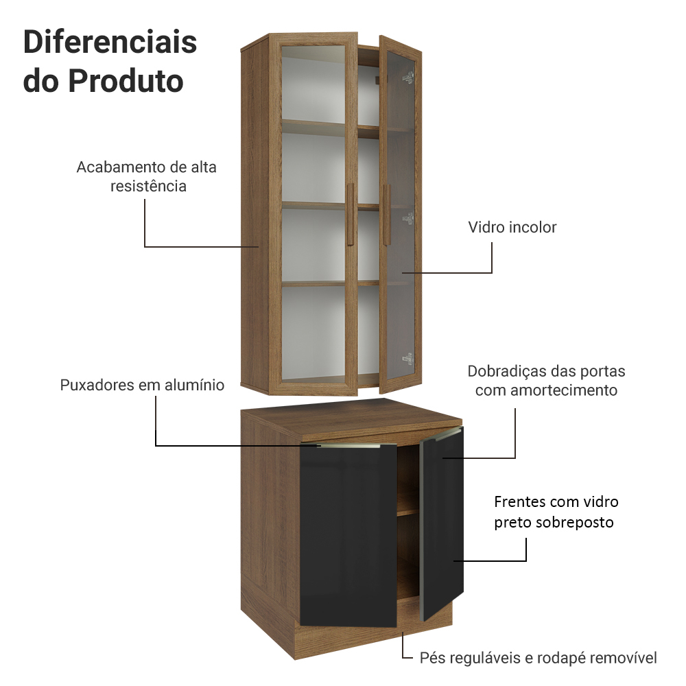 Kit Balcão + Cristaleira 70cm Rustic/Preto Lux Madesa 01