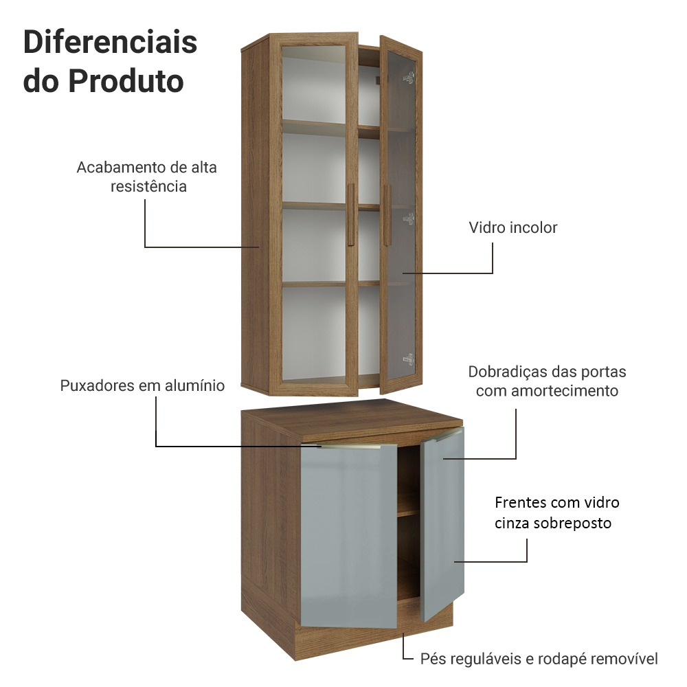 Kit Balcão + Cristaleira 70cm Rustic/Cinza Lux Madesa 01