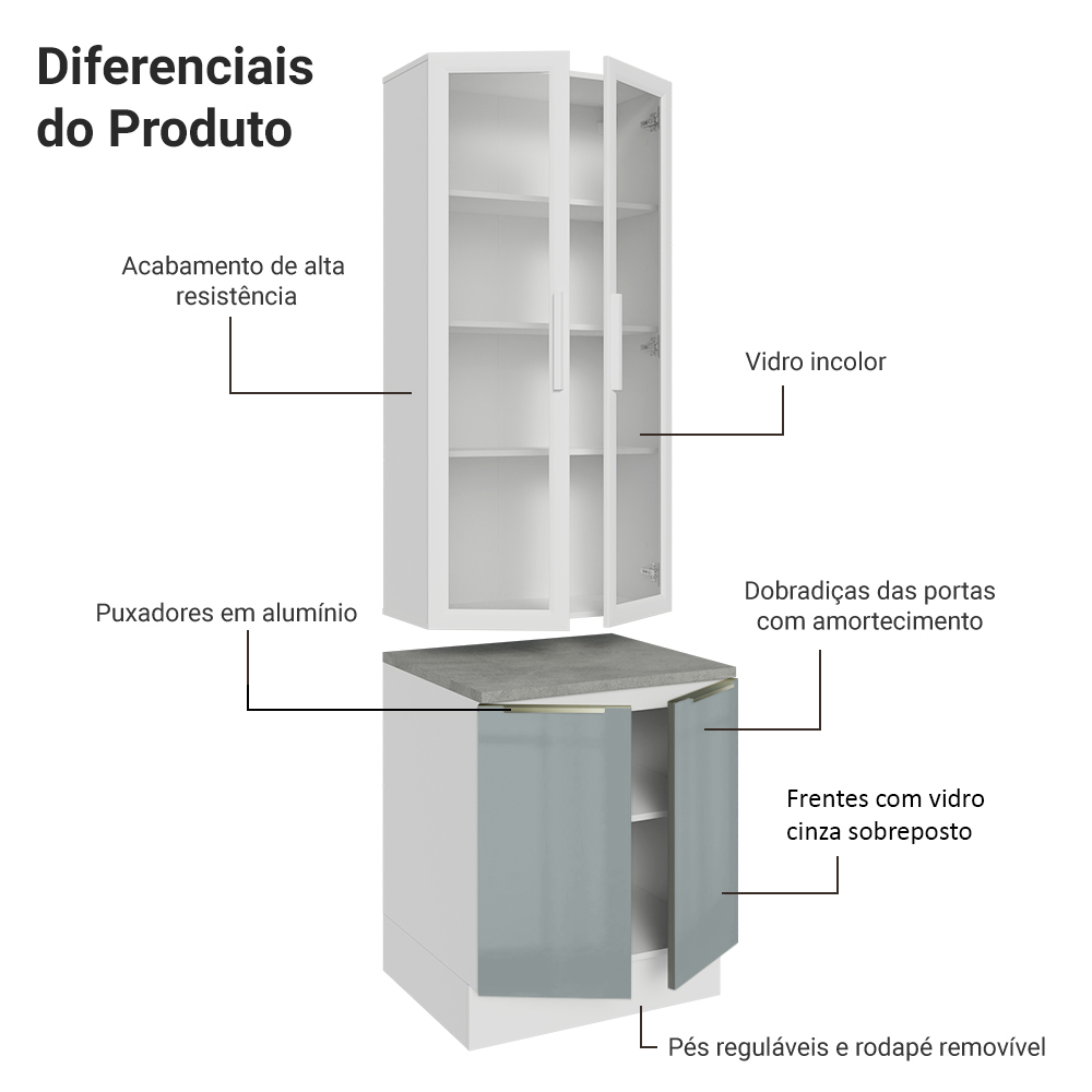 Kit Balcão + Cristaleira 70 x 60 cm Branco/Cinza Lux Madesa 01
