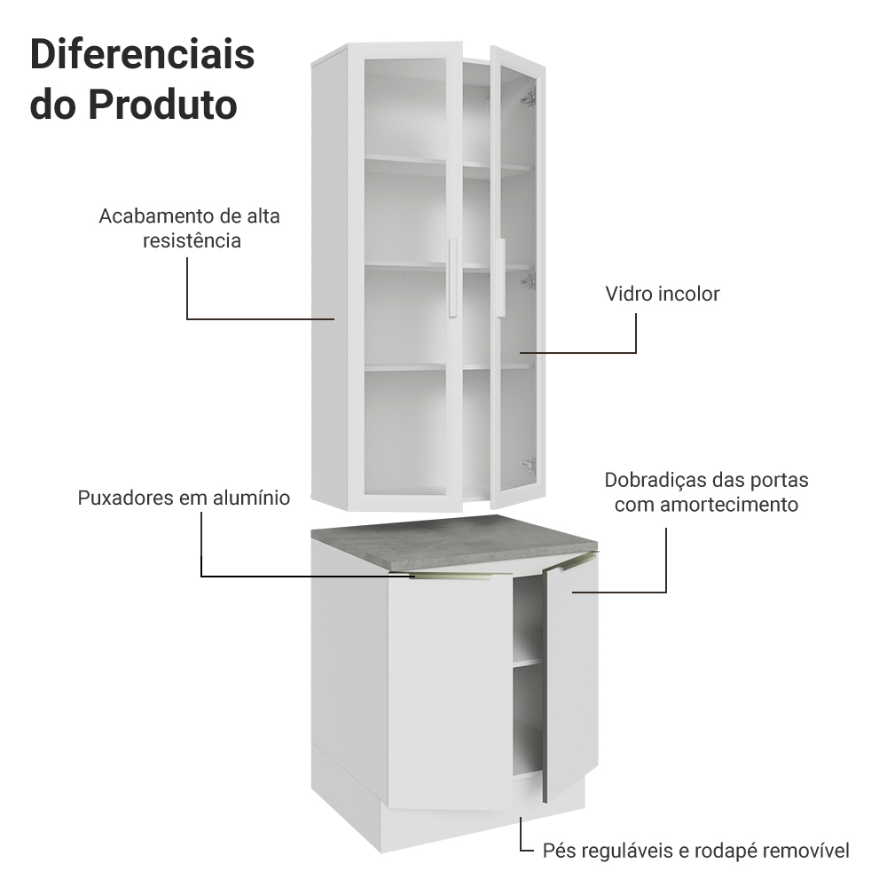 Kit Balcão + Cristaleira 70 x 60 cm Branco Veludo Lux Madesa 01