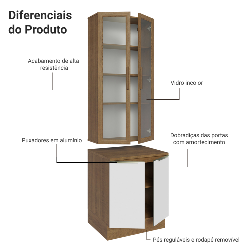 Kit Balcão + Cristaleira 70cm Rustic/Branco Veludo Lux Madesa 01