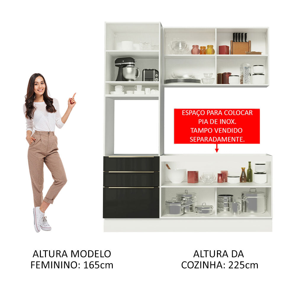 Armário de Cozinha Compacta 180 x 60 cm Branco/Preto Lux Madesa 01