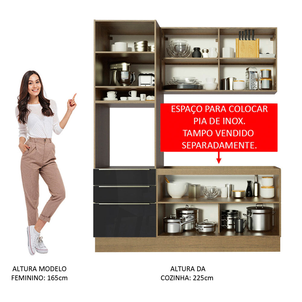 Armário de Cozinha Compacta 180 x 60 cm Rustic/Preto Lux Madesa 01
