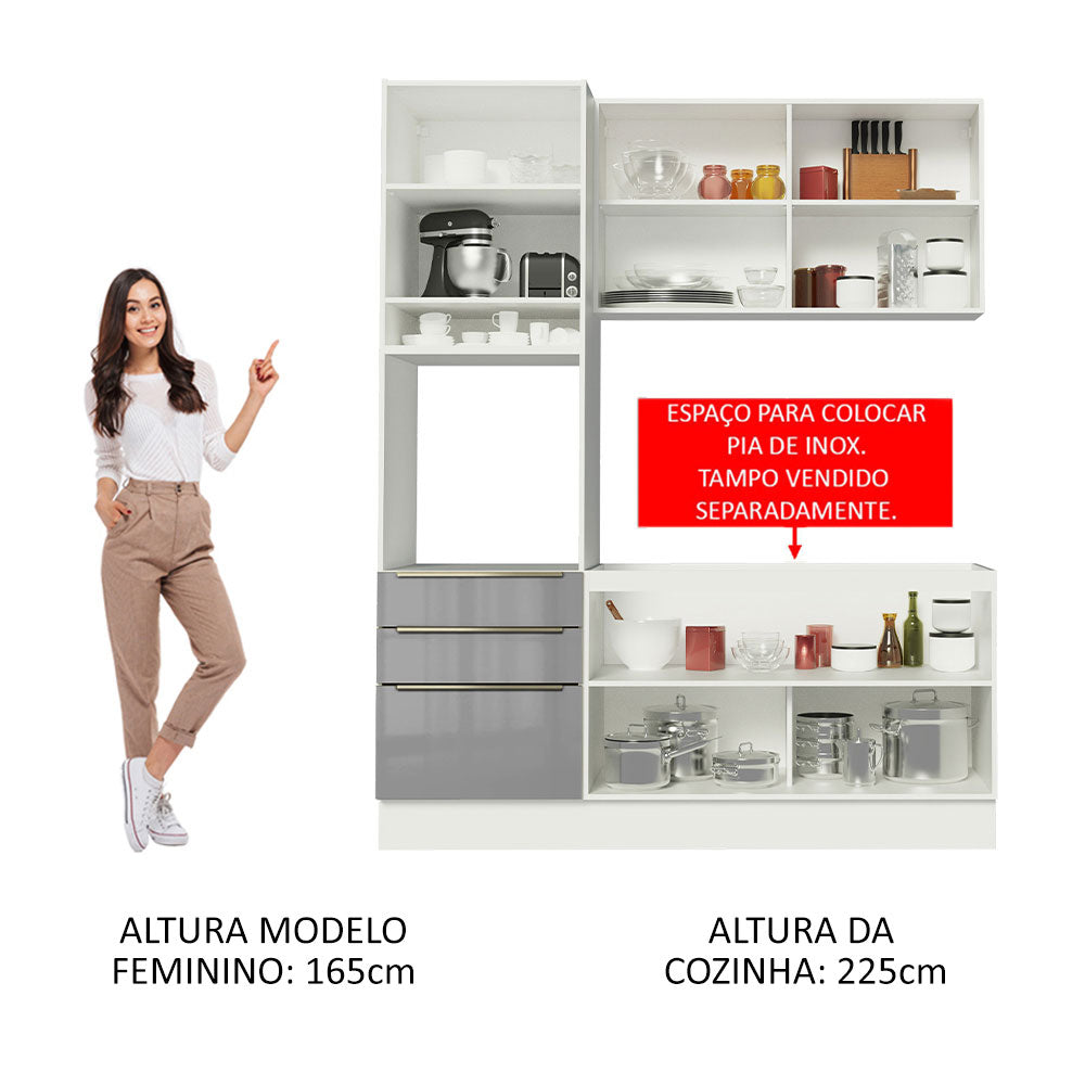 Armário de Cozinha Compacta 180 x 60 cm Branco/Cinza Lux Madesa 01