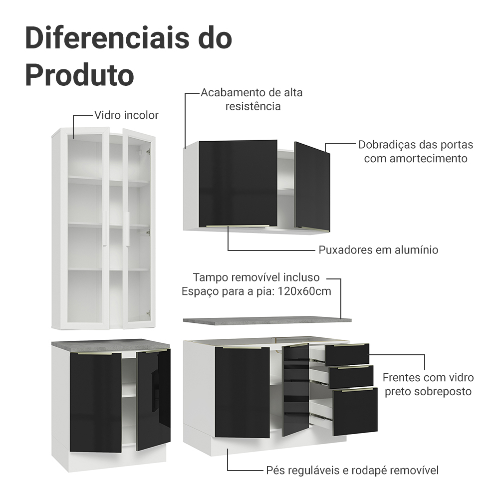 Armário de Cozinha Compacta 190 x 60 cm Branco/Preto Lux Madesa 02