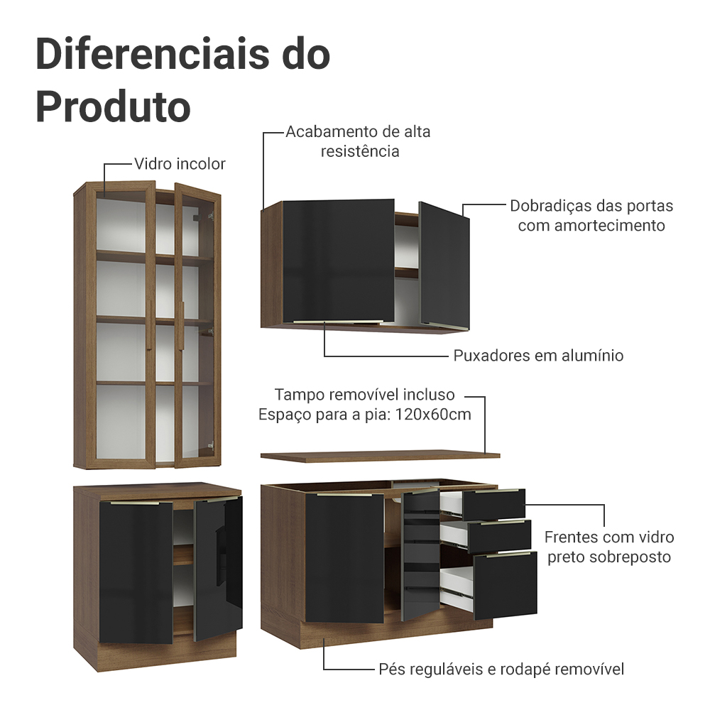 Armário de Cozinha Compacta 190 x 60 cm Rustic/Preto Lux Madesa 02