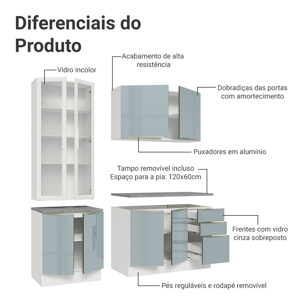 Armário de Cozinha Compacta 190 x 60 cm Branco/Cinza Lux Madesa 02