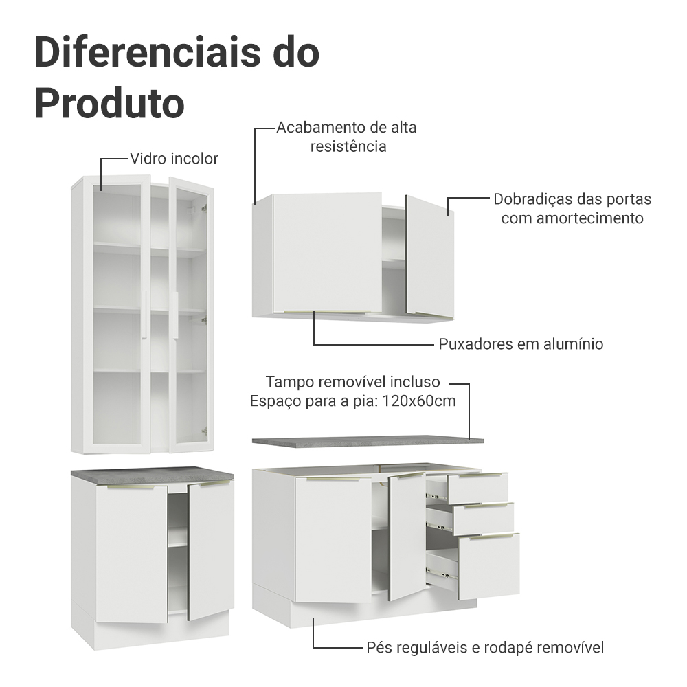 Armário de Cozinha Compacta 190 x 60 cm Branco Veludo Lux Madesa 02