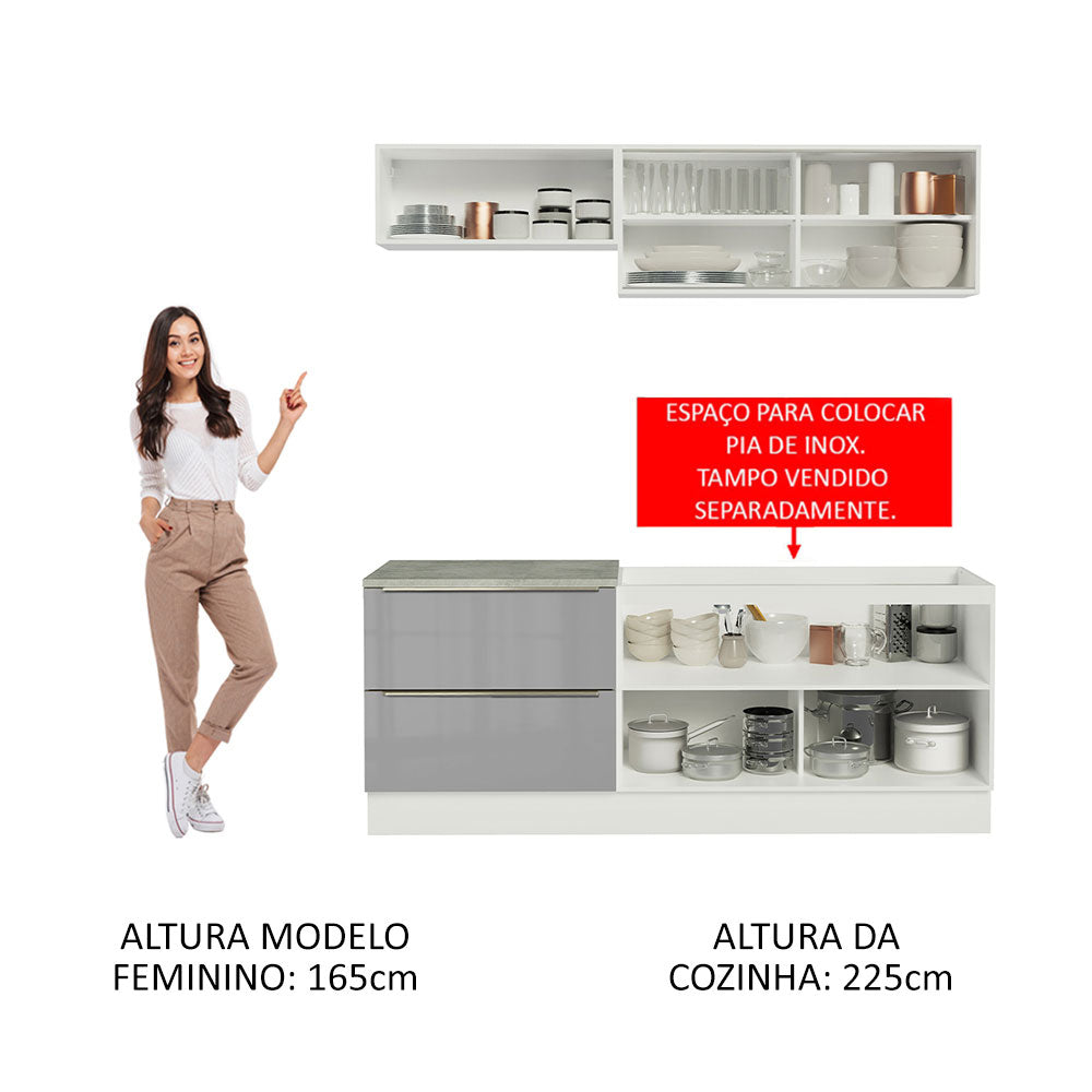 Armário de Cozinha Compacta 200 x 60 cm Branco/Cinza Lux Madesa 01