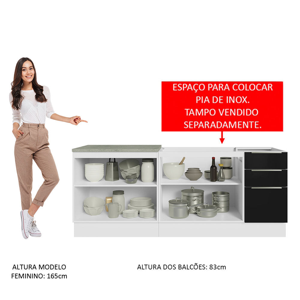 Kit com 2 Balcões de Cozinha 4 Portas 3 Gavetas 200 x 60 cm (Sem Tampo e Pia) Branco/Preto Lux Madesa