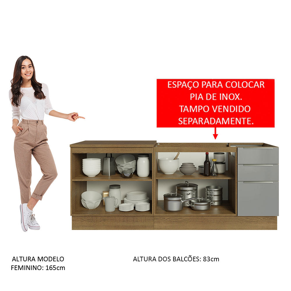 Kit com 2 Balcões de Cozinha Madesa Lux 4 Portas 3 Gavetas (Sem Tampo e Pia) Rustic/Cinza