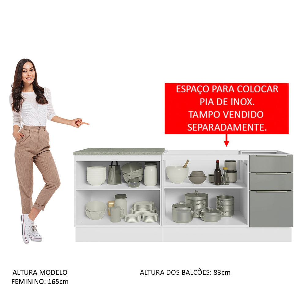 Kit com 2 Balcões de Cozinha 4 Portas 3 Gavetas 200 x 60 cm (Sem Tampo e Pia) Branco/Cinza Lux Madesa