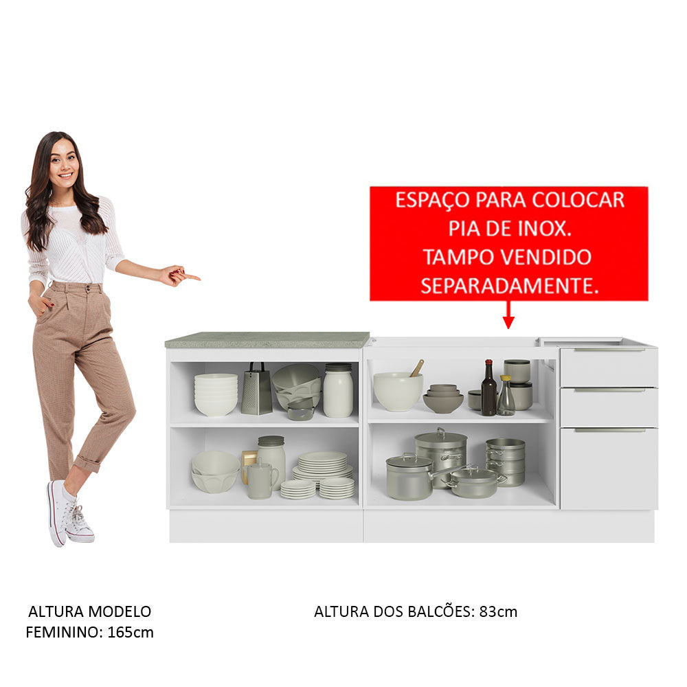 Kit com 2 Balcões de Cozinha 4 Portas 3 Gavetas 200 x 60 cm (Sem Tampo e Pia) Branco/Branco Veludo Lux Madesa