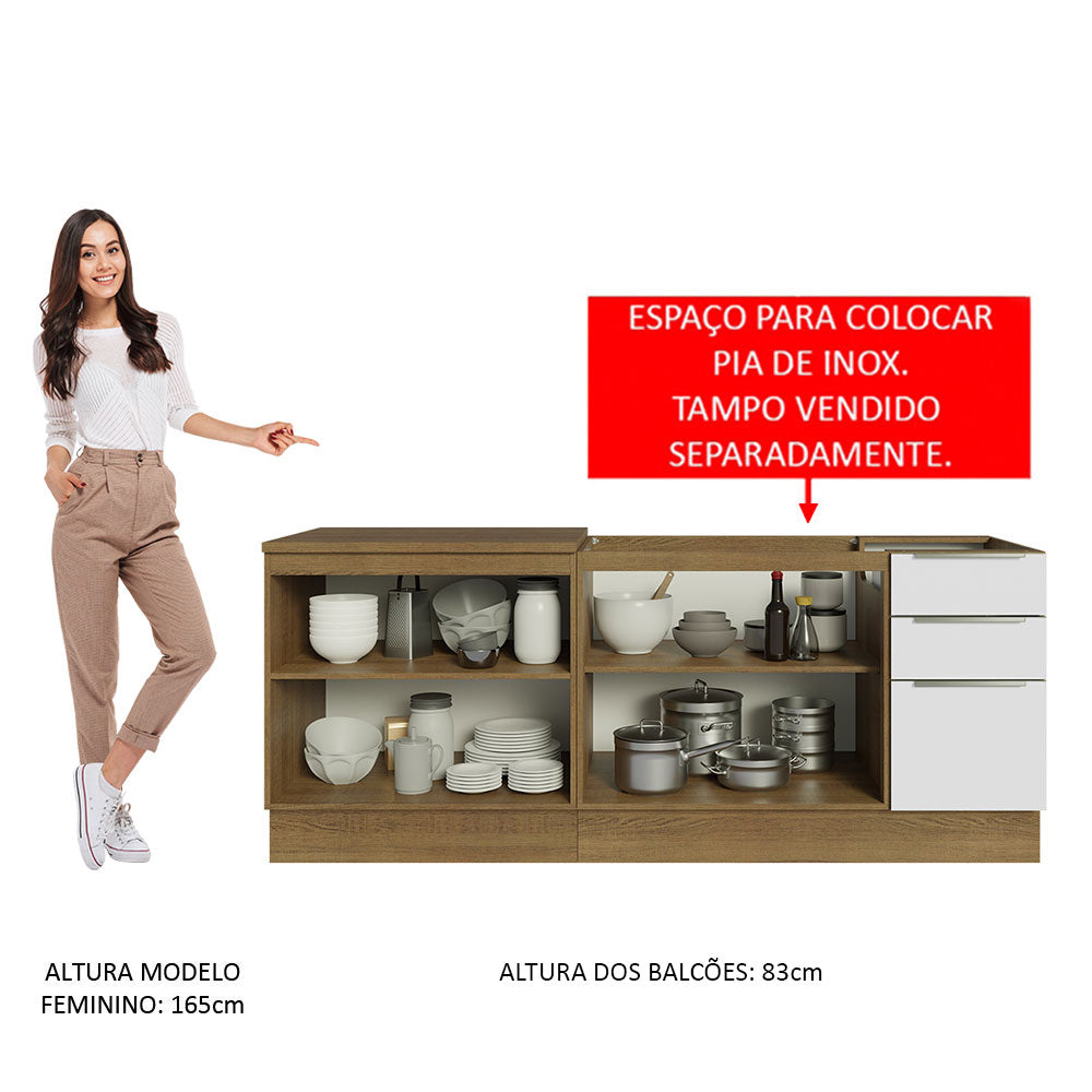 Kit com 2 Balcões de Cozinha 4 Portas 3 Gavetas 200 x 60 cm (Sem Tampo e Pia) Rustic/Branco Veludo Lux Madesa