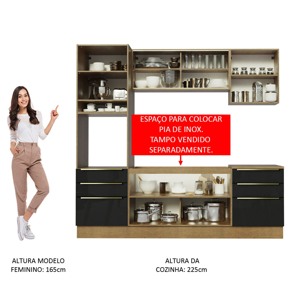 Armário de Cozinha Completa 240cm Rustic/Preto Lux Madesa 02
