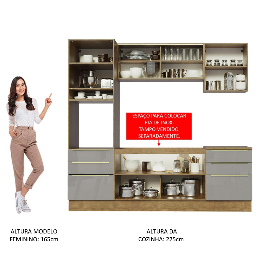 Armário de Cozinha Completa 240cm Rustic/Cinza Lux Madesa 02