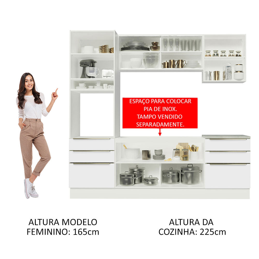 Armário de Cozinha Completa 240 x 60 cm Branco Branco Veludo Lux Madesa 02
