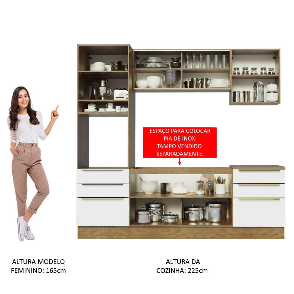 Armário de Cozinha Completa 240cm Rustic Branco Veludo Lux Madesa 02