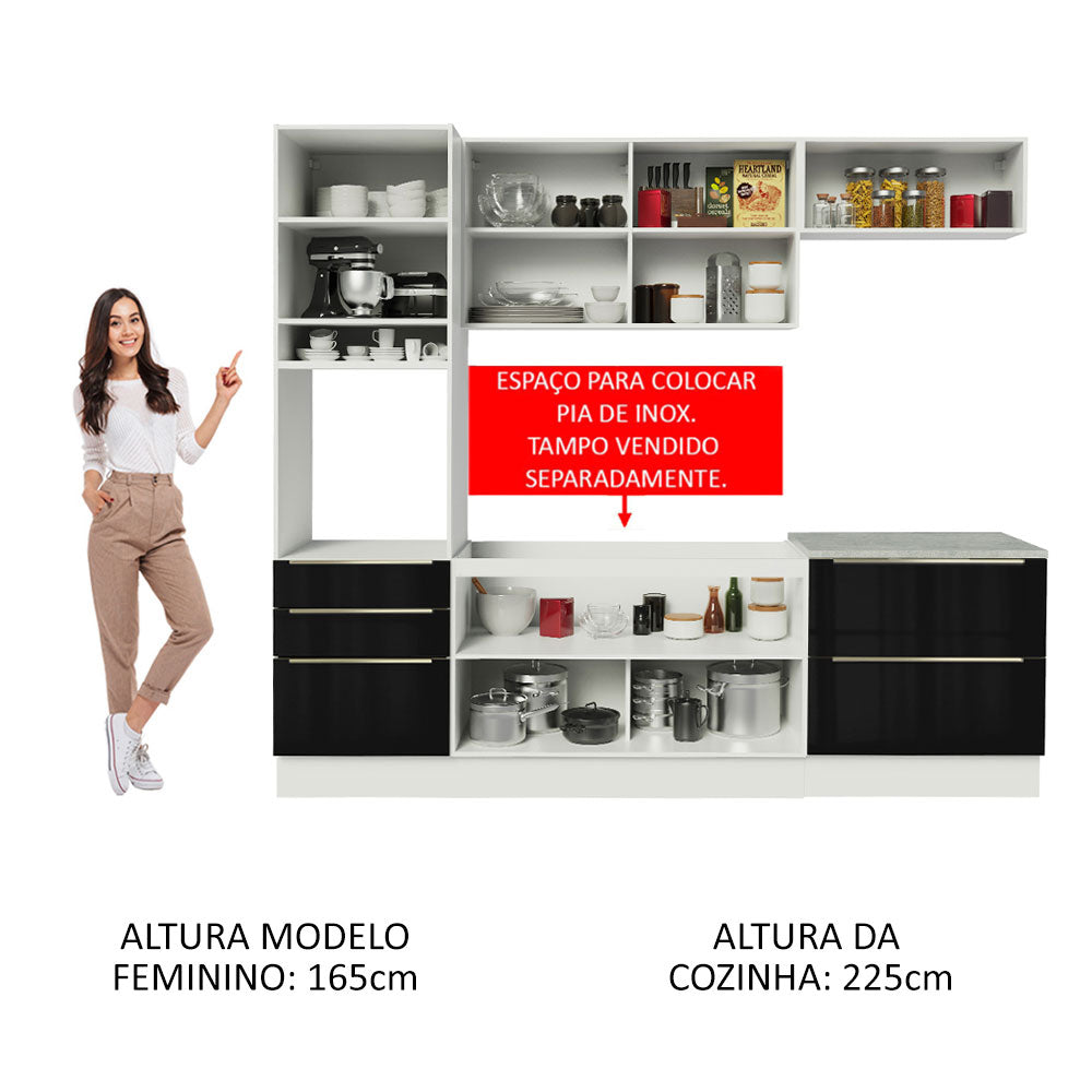 Armário de Cozinha Completa 260cm Branco/Preto Lux Madesa 01