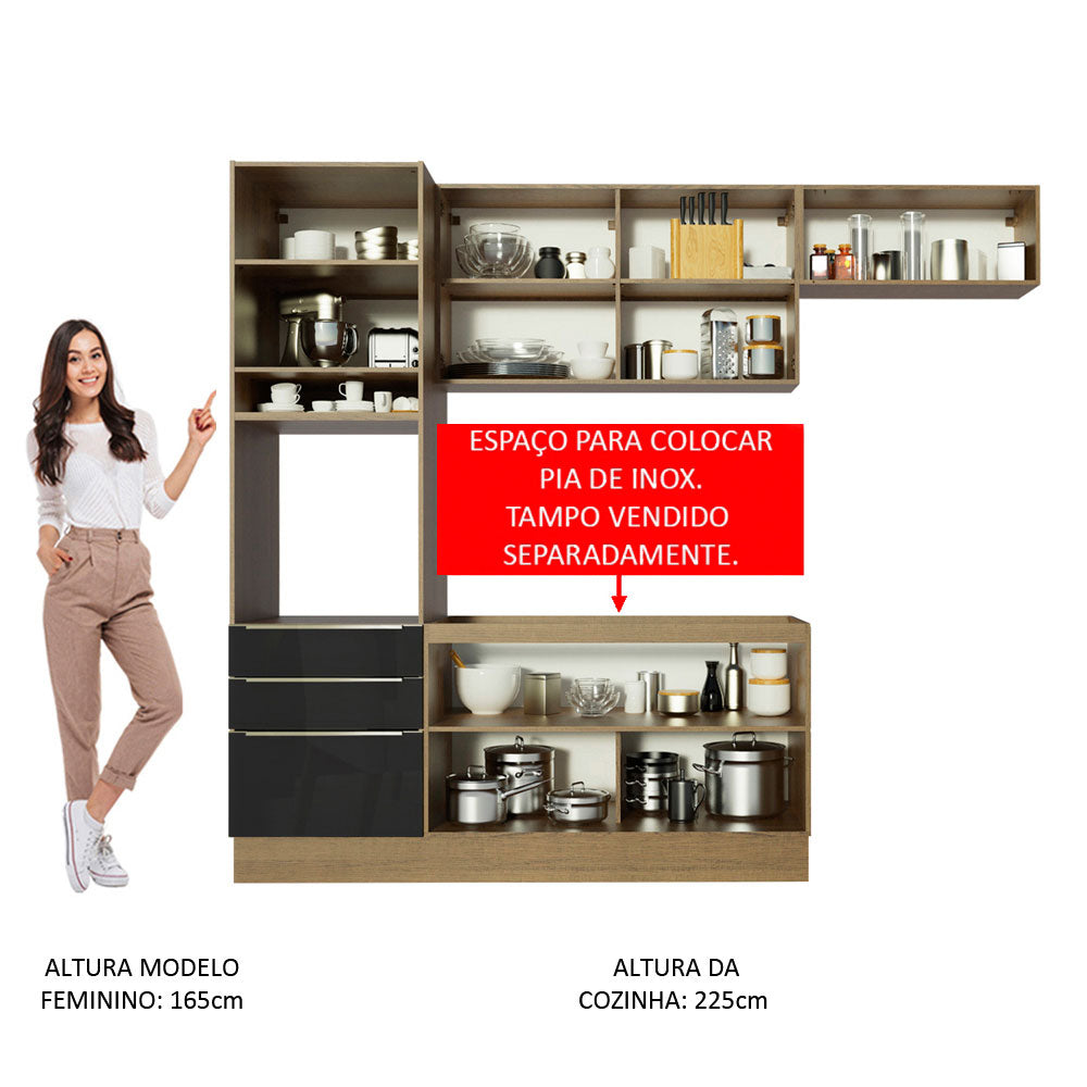 Armário de Cozinha Completa 260 x 60 cm Rustic/Preto Lux Madesa 03