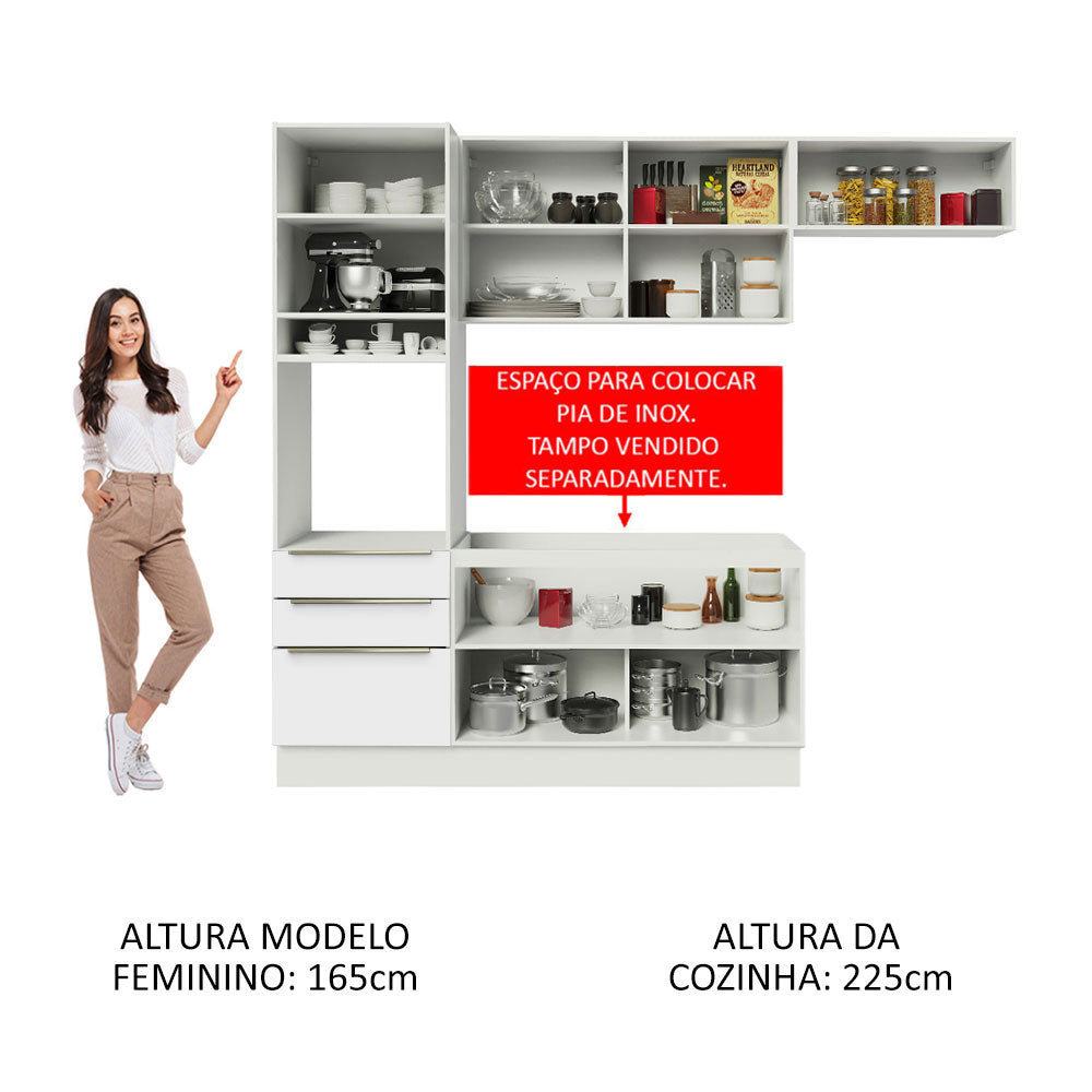 Armário de Cozinha Completa 260 x 60 cm Branco Branco Veludo Lux Madesa 03