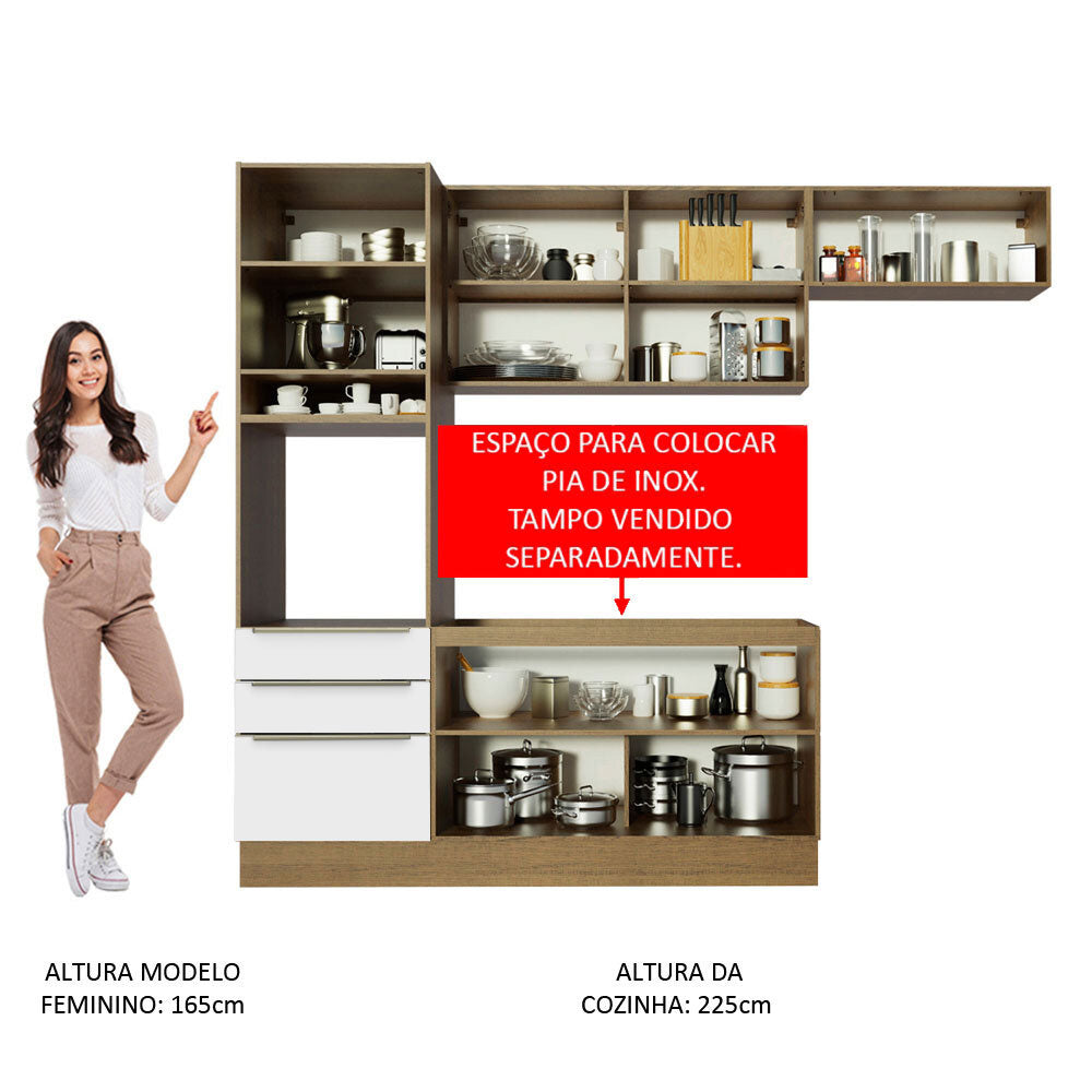 Armário de Cozinha Completa 260 x 60 cm Rustic/Branco Veludo Lux Madesa 03