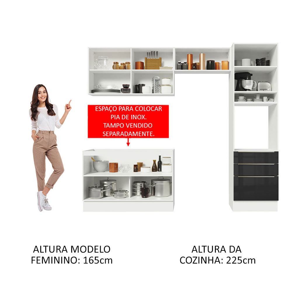 Armário de Cozinha Completa 260 x 60 cm Branco/Preto Lux Madesa 05