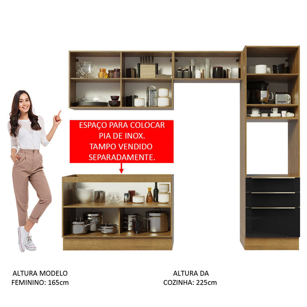 Armário de Cozinha Completa 260 x 60 cm Rustic/Preto Lux Madesa 05