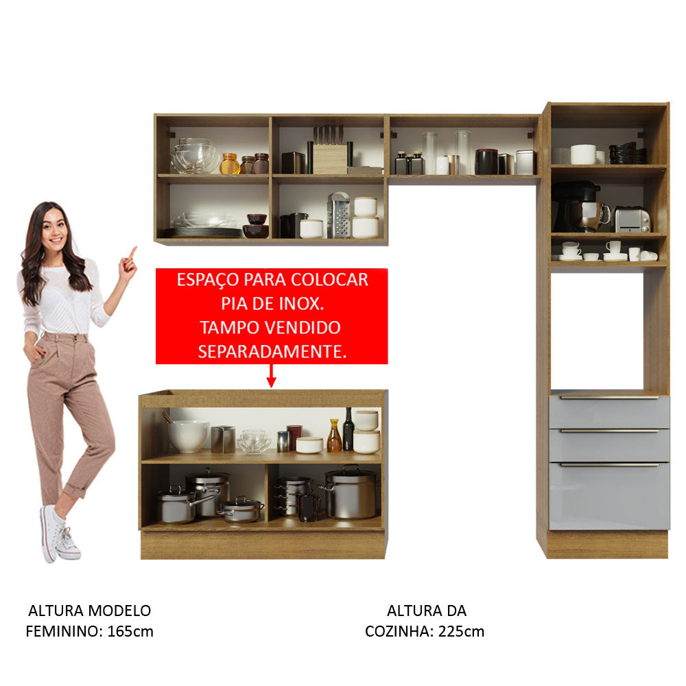 Armário de Cozinha Completa 260 x 60 cm Rustic/Cinza Lux Madesa 05