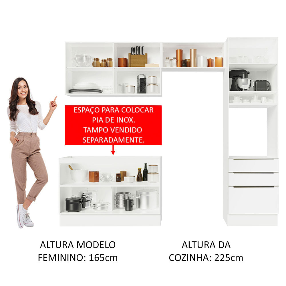Armário de Cozinha Completa 260 x 60 cm Branco Branco Veludo Lux Madesa 05