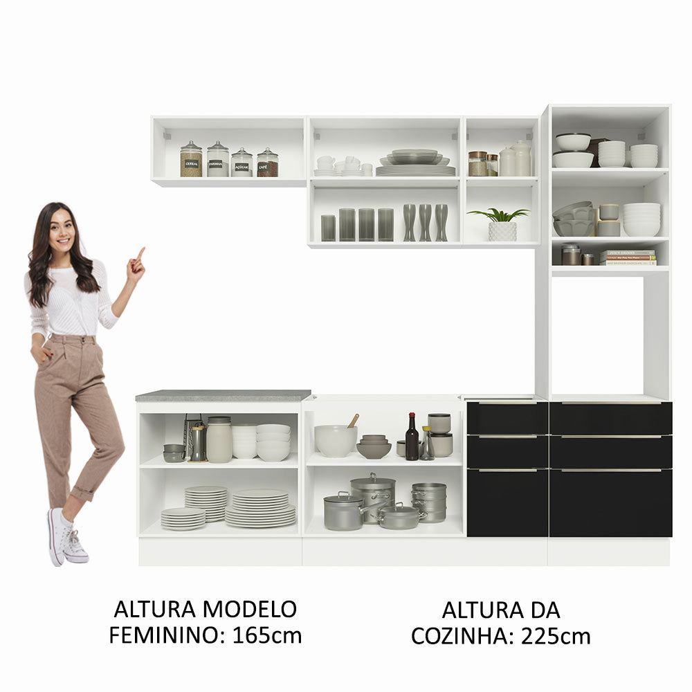 Armário de Cozinha Completa 260 x 60 cm Branco/Preto Lux Madesa 08
