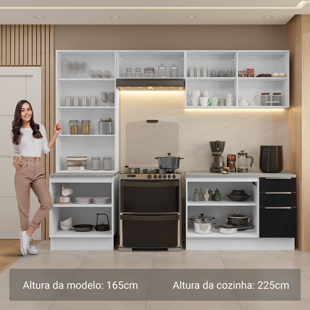 Armário de Cozinha Completa 270 x 60 cm Branco/Preto Lux Madesa 04