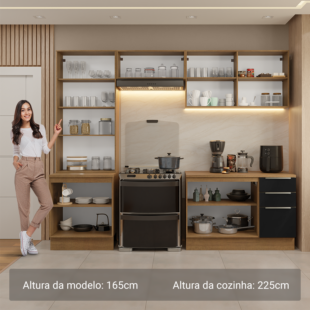 Armário de Cozinha Completa 270 x 60 cm Rustic/Preto Lux Madesa 04