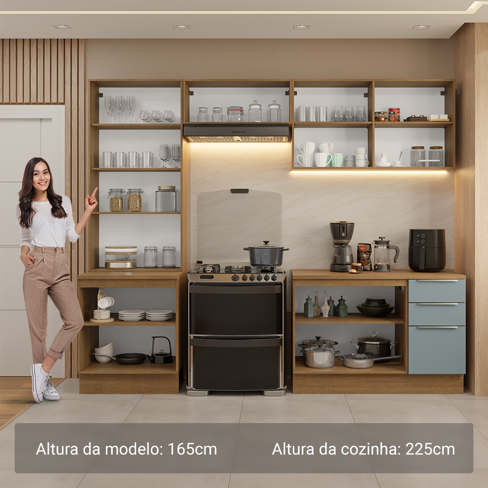 Armário de Cozinha Completa 270 x 60 cm Rustic/Cinza Lux Madesa 04