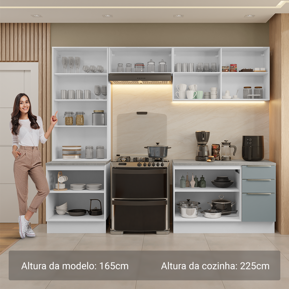 Armário de Cozinha Completa 270 x 60 cm Branco/Cinza Lux Madesa 04