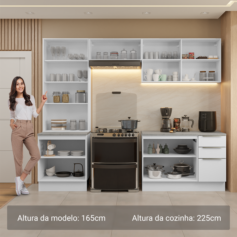 Armário de Cozinha Completa 270 x 60 cm Branco/Branco Veludo Lux Madesa 04