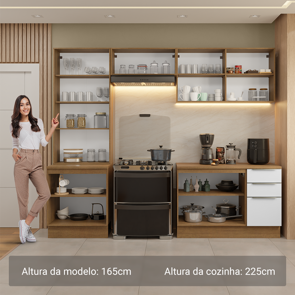 Armário de Cozinha Completa 270 x 60 cm Rustic/Branco Veludo Lux Madesa 04
