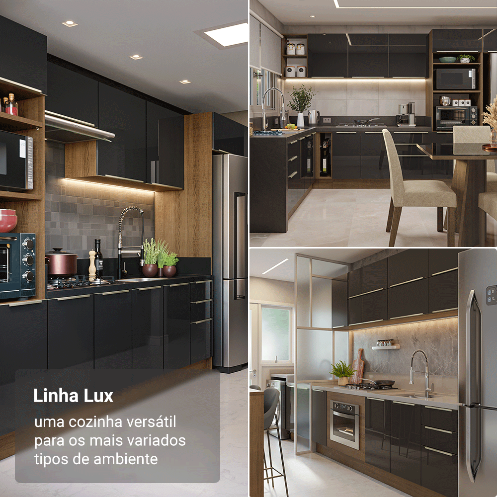 Armário de Cozinha Completa 270 cm Rustic/Preto Lux Madesa 08