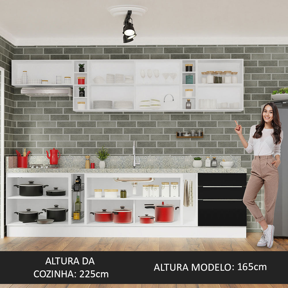 Armário de Cozinha Completa 300cm Branco/Preto Lux da Sabrina Madesa