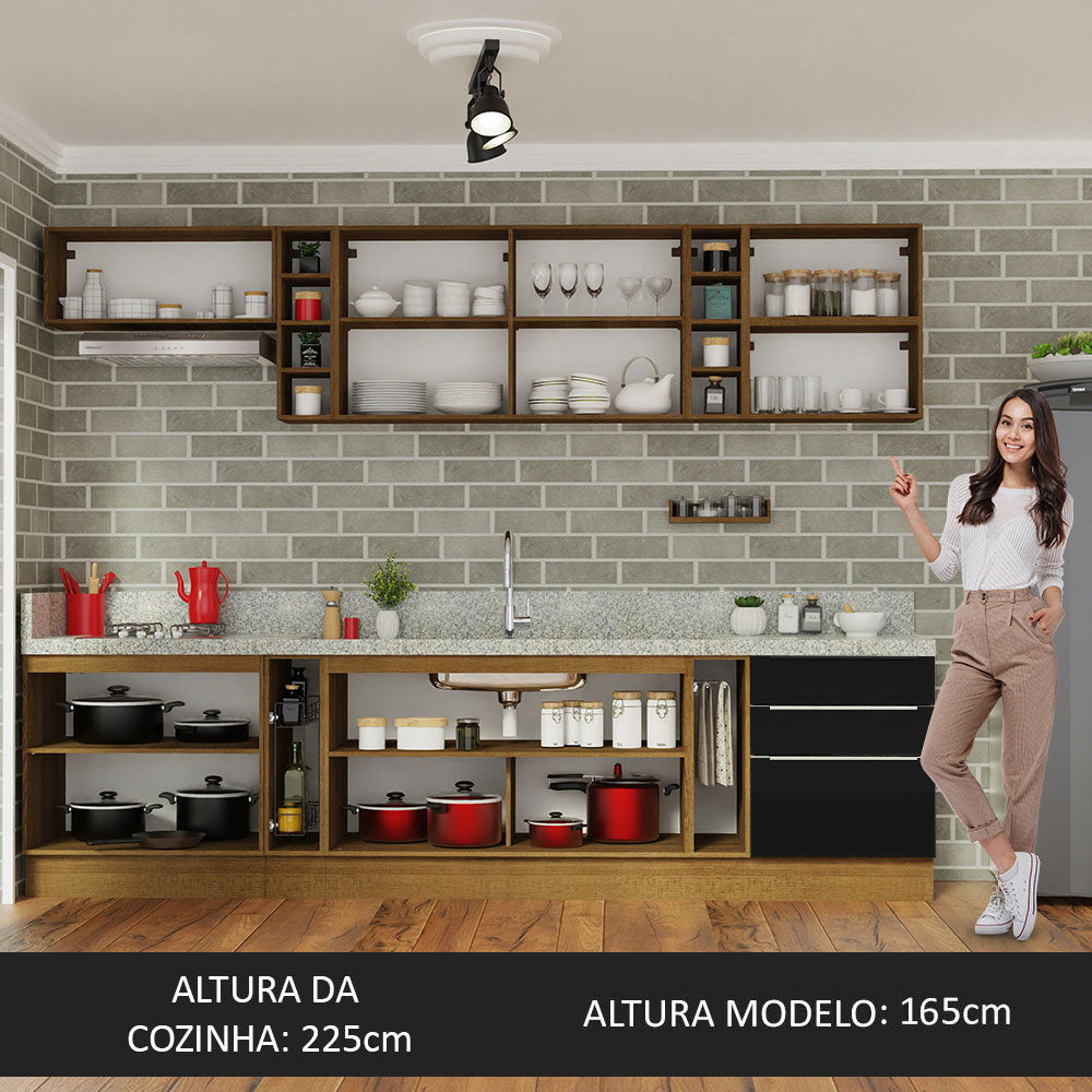 Armário de Cozinha Completa 300cm Rustic/Preto Lux da Sabrina Madesa