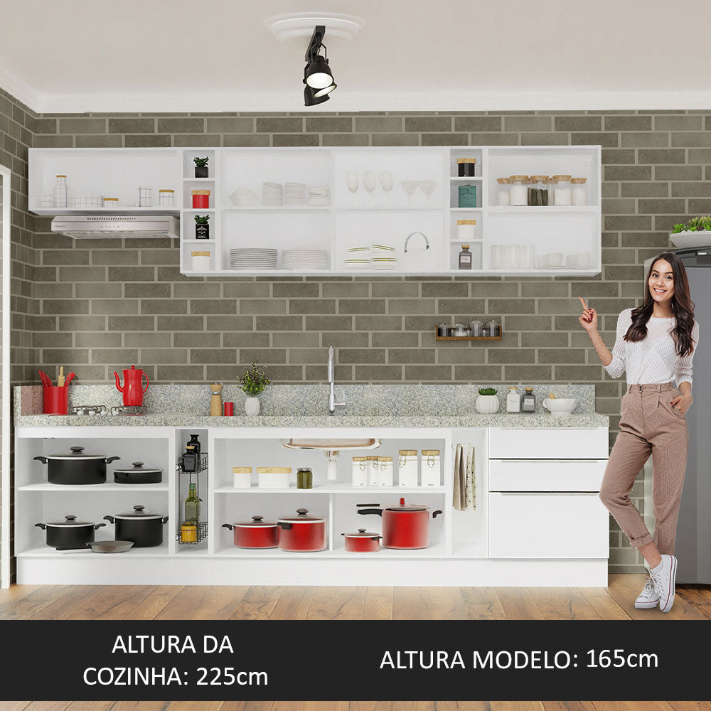 Armário de Cozinha Completa 300 x 60 cm Branco Veludo Lux da Sabrina Madesa