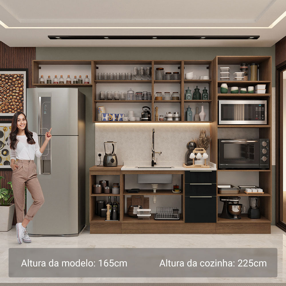 Armário de Cozinha Completa 310cm Rustic/Preto Lux Madesa 01