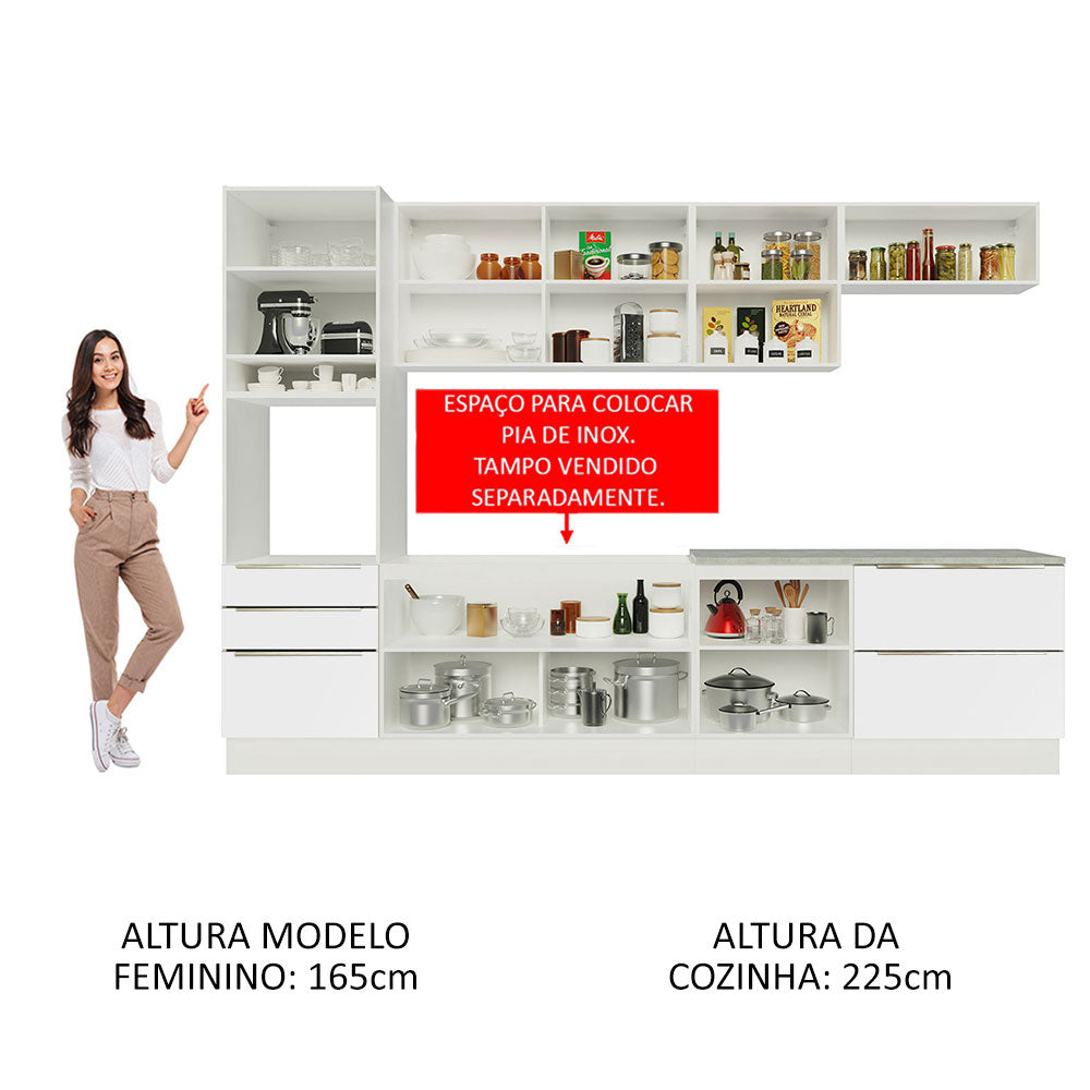 Armário de Cozinha Planejada 320cm Branco Branco Veludo Lux Madesa 04
