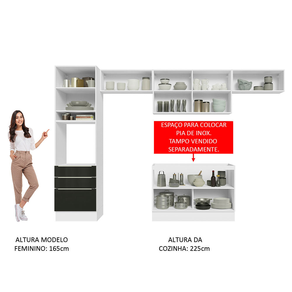 Armário de Cozinha Completa 340cm Branco/Preto Lux Madesa 01