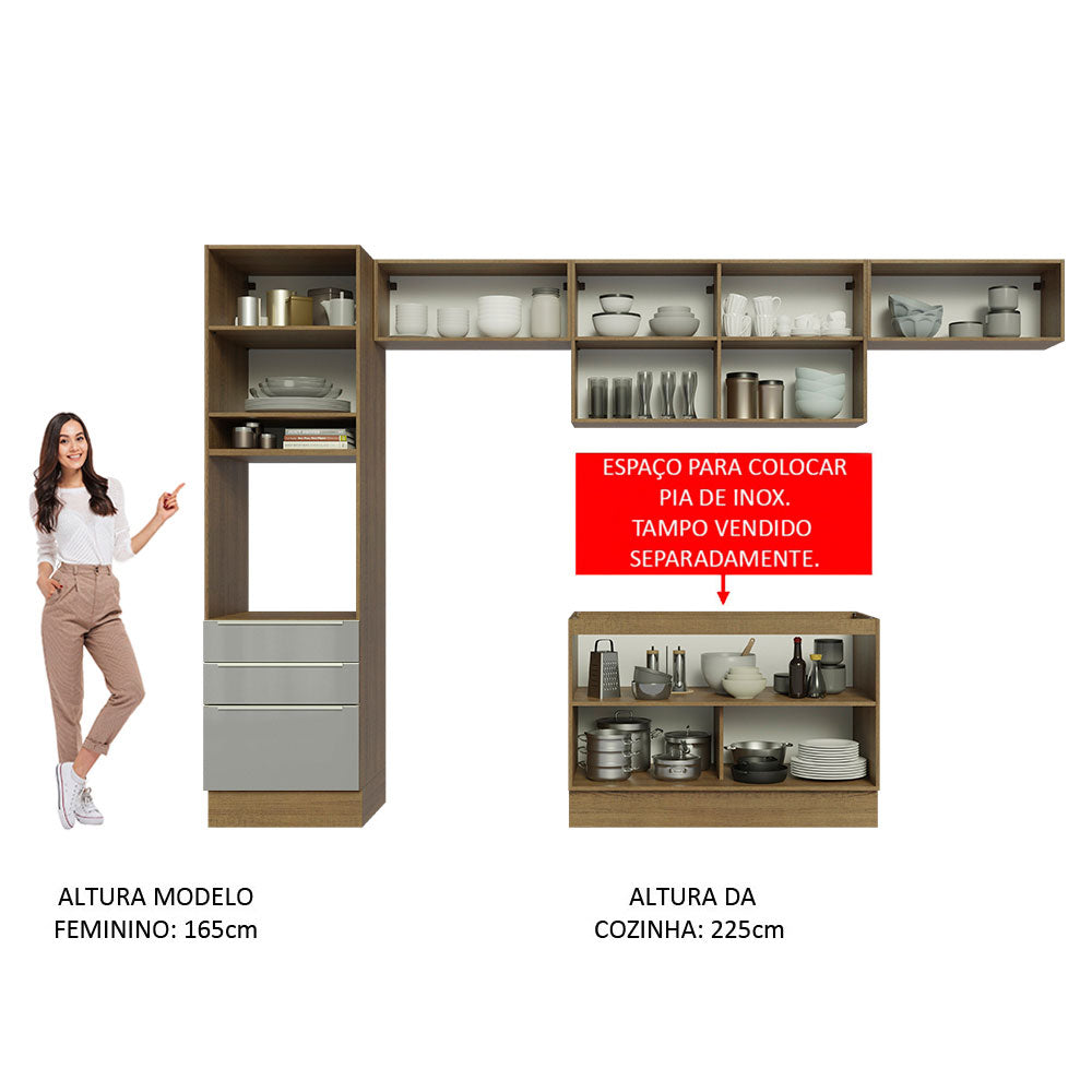 Armário de Cozinha Completa 340cm Rustic/Cinza Lux Madesa 01