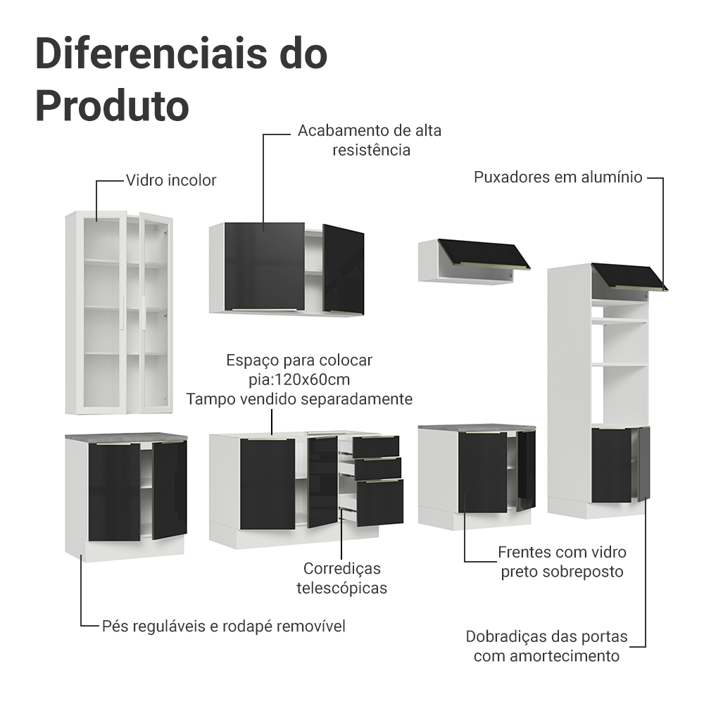 Armário de Cozinha Completa 340 x 60 cm Branco/Preto Lux Madesa 02